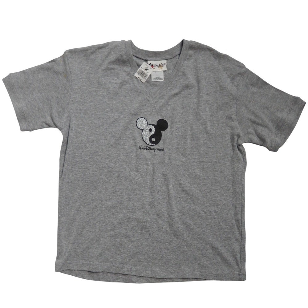 Walt Disney World Mickey Mouse Yin Yang V-Neck T-Shirt Gray Women Medium NWT